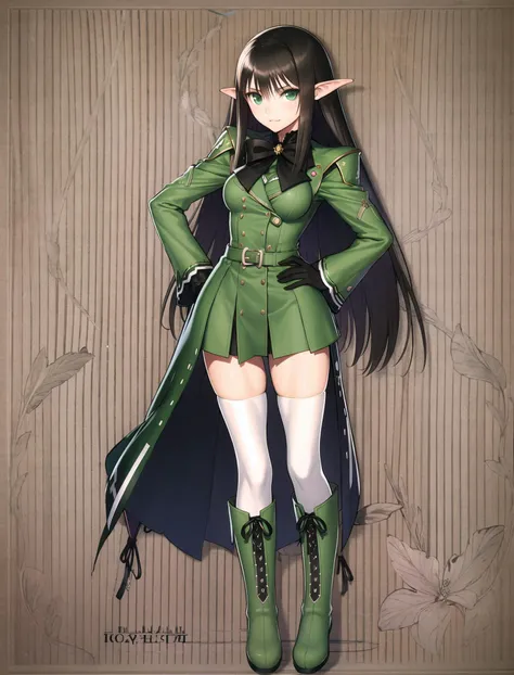 tony,1girl, solo, thighhighs, pointy ears, black boots, long hair, black hair, gloves, brown hair, green skirt, zettai ryouiki, ...