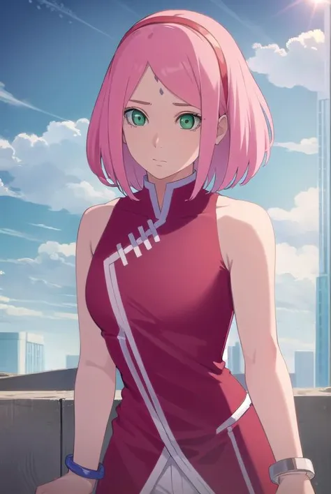 sakuraharuno, <lora:sakura uchiha-lora-nochekaiser:1>,
sakura uchiha, haruno sakura, short hair, (green eyes:1.5), pink hair, facial mark, forehead mark, hairband,
BREAK jewelry, sleeveless, pants, bracelet, sandals, toeless footwear, white pants, dress, r...