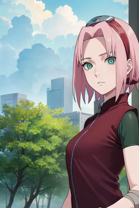 sakuraharuno, <lora:sakura haruno shippuuden-lora-nochekaiser:1>,
default sakura haruno, short hair, (green eyes:1.5), pink hair, (parted bangs:1.5), hairband, forehead protector,
BREAK gloves, green eyes, sleeveless, black gloves, (red shirt:1.5), zipper,...