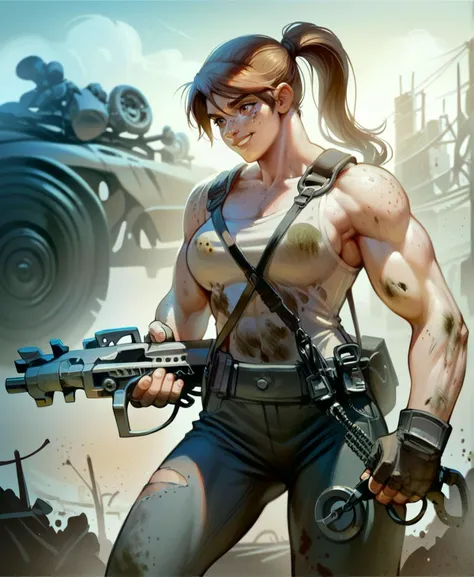 score_9_up, score_8_up, score_7_up, dynamic pose, cowboy shot, wide shot, 1girl, mechanic, ponytail, (freckles), (body freckles), (tan skin), (dirty, dirty face), medium breasts, biceps, smiling, <lora:jimaXL_P6_lokr_V4304:.95>