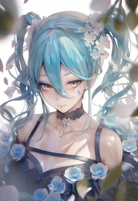 a close up of a woman with blue hair and flowers