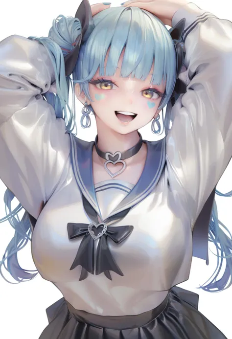 anime girl with blue hair and a silver top posing