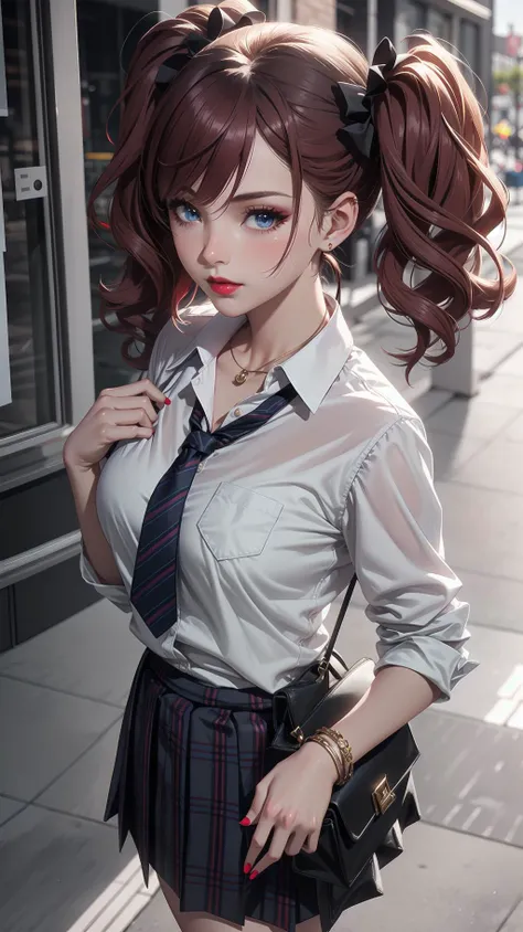 anime girl with ponytail and tie posing on sidewalk in urban setting