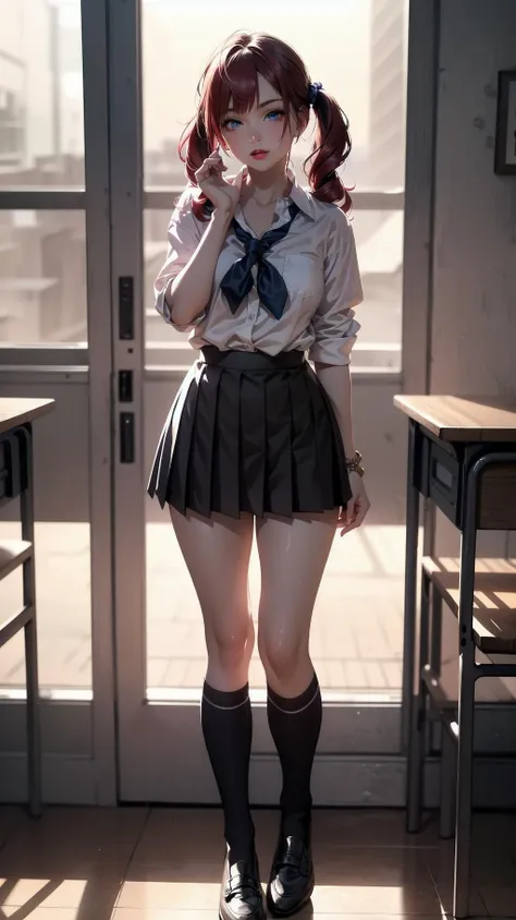 arafed woman in a school uniform posing in front of a door