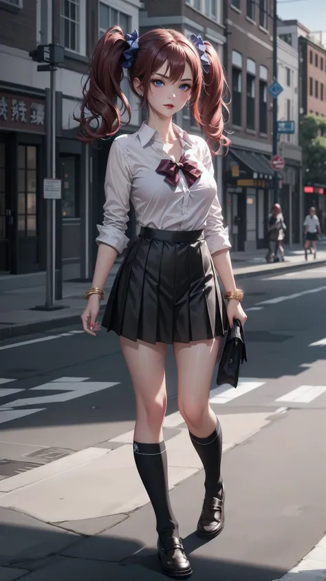 anime girl in a school uniform walking down a street