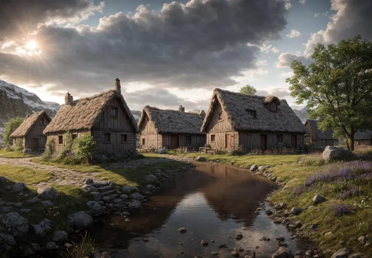 A beautyfull landscape with old houses in viking style with fields nad cattles and small river,  photography, photorealistic, high res, 4k, 8k , highly detailed and sharp focus, stunningly beautiful, cinematic lighting, dusk, sunshine visalbe rays, oclusio...