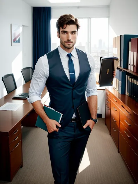 photorealistic1,7, European beautiful man with black hair and stubble, high muscle man in office suite, 1man, solo+++, (standing with folder in hands)+++, (man in office suite)+++, looking at viewer, office, close up, (RAW photo)1,7, absurdres, beautiful, ...