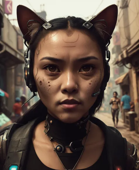 coulchat, raw candid cinema photography portrait, a woman cat, (photo in Cyberpunk street market:1.2) Filipino Azurite steel Agropeople self-acting, by Rafael Albuquerque, ultra realistic textured skin, skin pores, hard focus, film grain, photographed with...