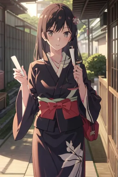 best quality, masterpiece, highres, solo, {yukata:1.40}, {kimono:1.20}, {nanami_touko_yagatekimininaru:1.15}, long_hair, black_hair, bangs, bow, ribbon, grey_eyes