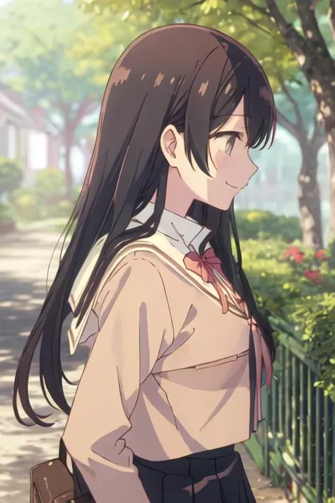 best quality, masterpiece, highres, solo, {nanami_touko_yagatekimininaru:1.15}, long_hair, black_hair, bangs, bow, ribbon, grey_eyes, 1girl, blurry, blurry_background, closed_mouth, outdoors, school_uniform, tree, red_bow, upper_body, from_side, looking_at...