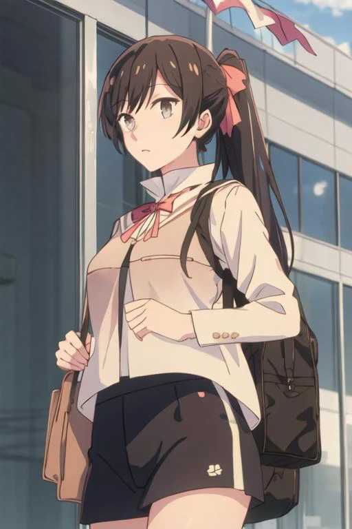 best quality, masterpiece, highres, solo, {nanami_touko_yagatekimininaru:1.15}, long_hair, black_hair, bangs, bow, ribbon, grey_eyes, 1girl, cloud, day, sky, ponytail, shirt, outdoors, headband, white_shirt, anime_coloring, gym_uniform, string_of_flags