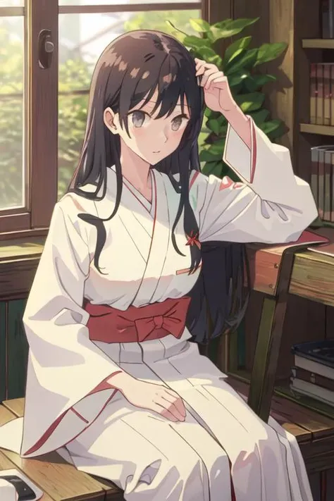 best quality, masterpiece, highres, solo, {white kimono:1.35}, {red hakama:1.35}, {wide sleeves:1.20}, {nanami_touko_yagatekimininaru:1.15}, long_hair, black_hair, bangs, bow, ribbon, grey_eyes