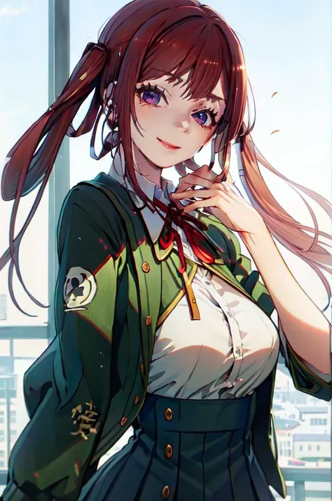 <lora:koichoco_locon_1_BASEOFF_1_Koichoco:1> koichoko school uniform, green jacket,, ultra detailed, masterpiece, best quality, aesthetic, detailed,, solo, seductive smile, red lips,
1girl, purple eyes, red hair, blunt bangs, medium breasts, <lora:hair_rin...