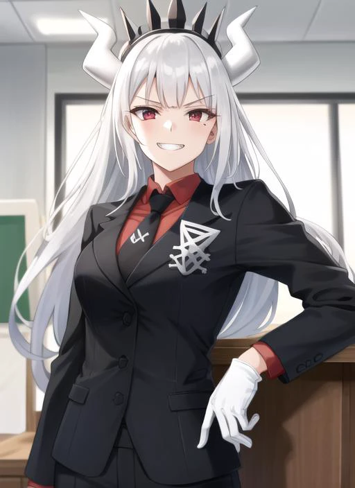 ((best quality)), ((highly detailed)), masterpiece, extremely detailed face, beautiful face, (detailed eyes, deep eyes), (1girl), upper body, <lora:lucifer:1>, lucifer(helltaker), long hair, white hair, red eyes, demon horns, white horns, demon tail, mole ...