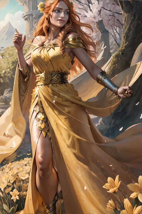 <lora:gamecard:0.5>, Concept art, tarot card, flat illustration, woman wearing flowing (pink|green|yellow) toga-style dress, long (auburn|blonde) hair, tan skin, closed smile, flowers, springtime || masterpiece, perfect quality, sharp focus, shallow depth ...