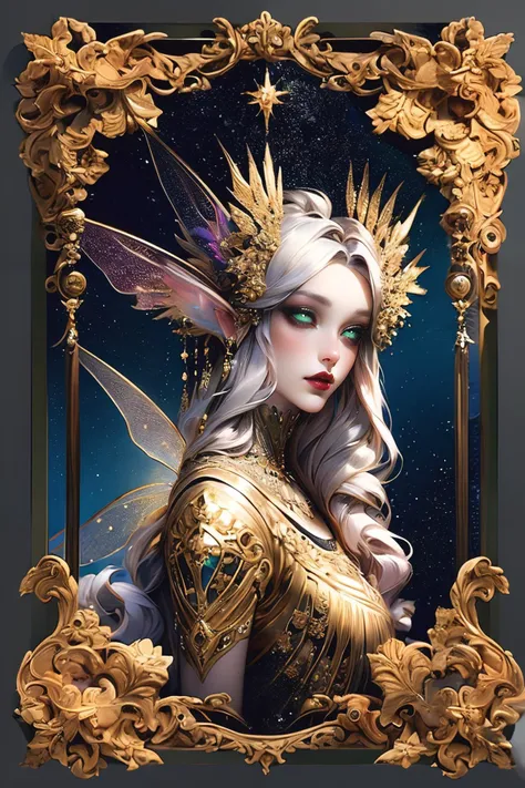 (((gold, silver, glimmer)), faerie),limited palette,contrast,phenomenal aesthetic,best quality,sumptuous artwork,portrait,1girl,multicolored hair,straight_hair,long hair,grey gradient hair,green eyes,red eyeshadow,longeyelashes,beautiful_detailed_eyes,thic...