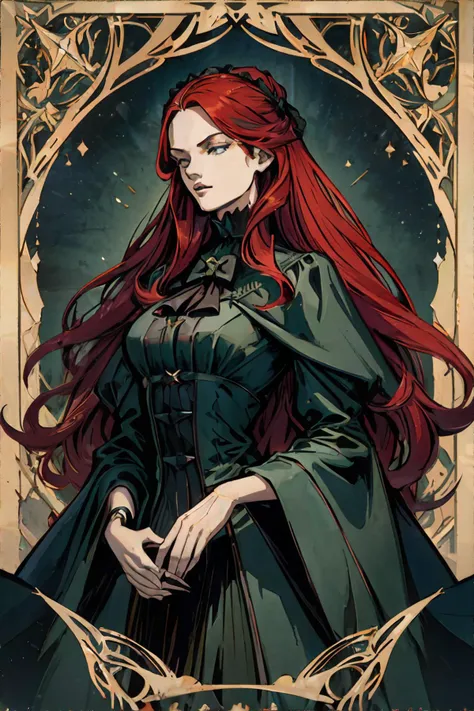 <lora:gamecard:0.5>, Concept art, tarot card, flat illustration of a woman with long red hair, wearing victorian dark green dress, holding a fox || masterpiece, perfect quality, sharp focus, shallow depth of field, 8k