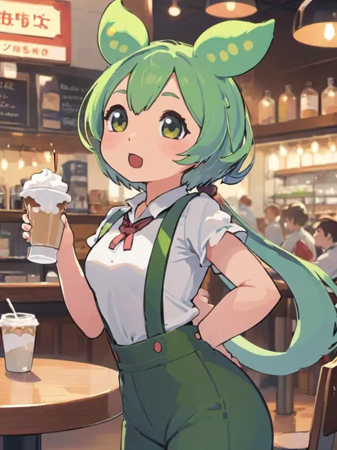 1girl,zundamon,voicevox ,green hair, blush stickers, animal ears,white shirt, short sleeves, long hair, suspender shorts,shorts, puffy sleeves, low ponytail, hair ears,
ceiling, wide shot, looking to the side, disdain, cafe, open mouth, masterpiece, best q...