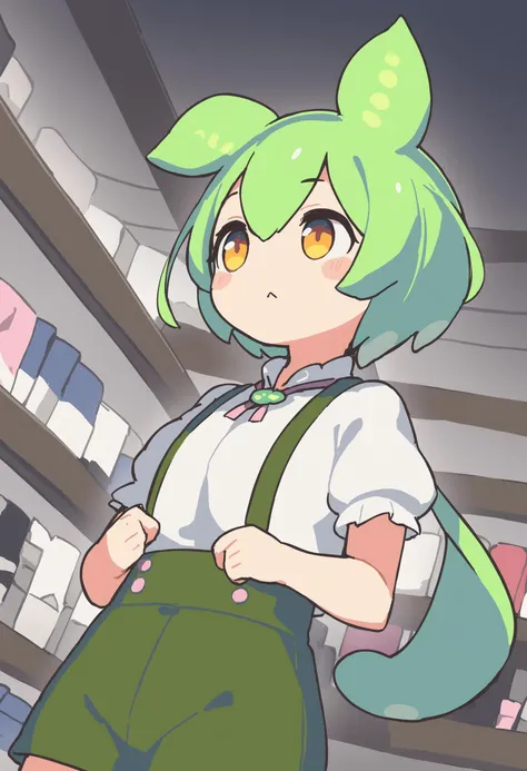 1girl,zundamon,voicevox ,<lora:zundamonXLv1:0.7>,green hair, blush stickers, animal ears,white shirt, short sleeves, long hair, suspender shorts,shorts, puffy sleeves, low ponytail, hair ears,
dutch angle, upper body, looking away, dark persona, cloth shop...