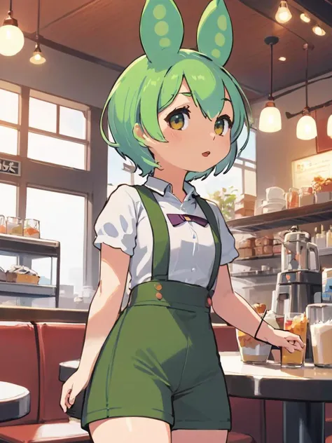 1girl,zundamon,voicevox ,green hair, blush stickers, animal ears,white shirt, short sleeves, long hair, suspender shorts,shorts, puffy sleeves, low ponytail, hair ears,
ceiling, wide shot, looking to the side, disdain, cafe, open mouth, masterpiece, best q...