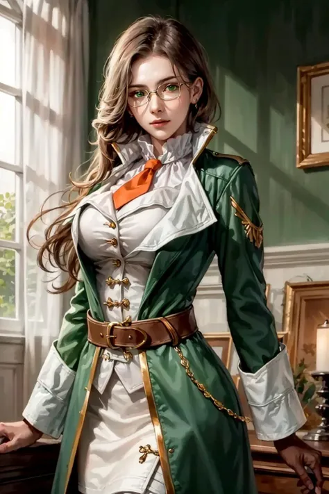 best quality,masterpiece,highres,original,extremely detailed wallpaper,perfect lighting,extremely detailed CG,<lora:add_detail:0.3>,standing,
<lora:jihlnabaat-nvwls-v1:0.6>,jihl nabaat,green eyes,glasses,green coat,orange necktie,brown gloves,belt,white sk...