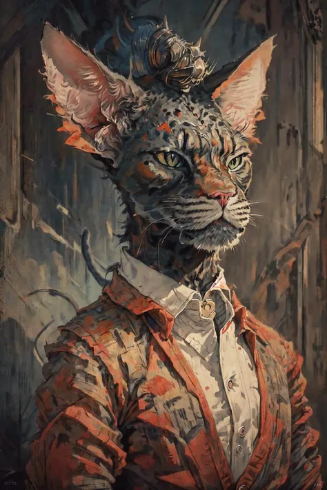 painting of a cat dressed in a suit and a hat