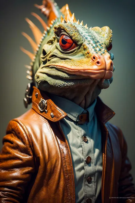 a close up of a lizard wearing a leather jacket and a leather jacket