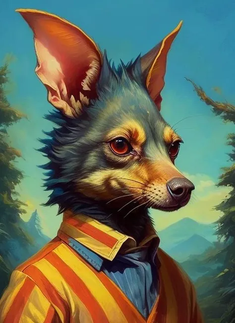 a close up of a painting of a dog wearing a jacket