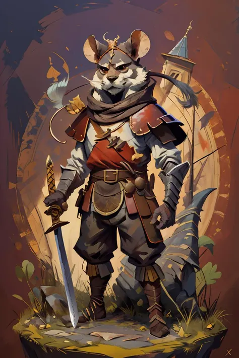 a painting of a mouse warrior with a sword and armor