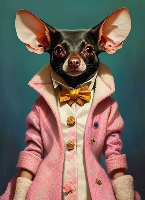 painting of a dog dressed in a pink coat and bow tie