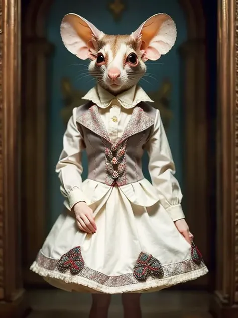 a close up of a mouse dressed in a dress and shoes