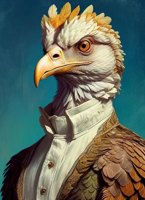 painting of a bald eagle wearing a white shirt and a gold collared jacket