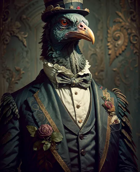 arafed bird wearing a top hat and jacket with a bird's head