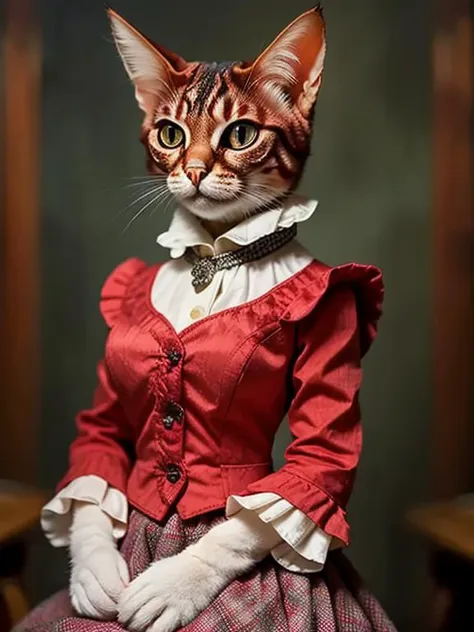 araffe cat wearing a red dress and white gloves sitting on a chair