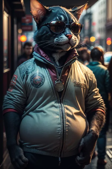 araffe wearing a jacket and sunglasses standing on a city street