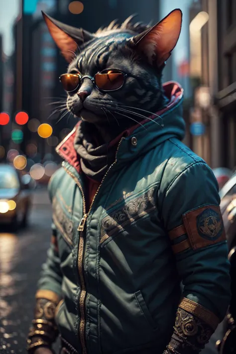 arafed cat wearing a jacket and sunglasses on a city street