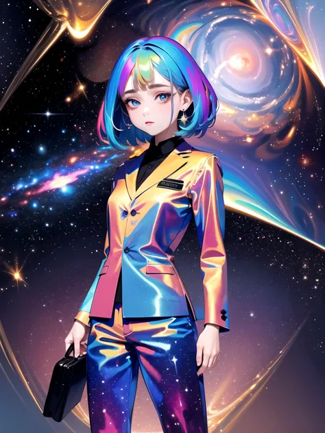 masterpiece, hyperdetailed, outdoors, (lights:1.1), flat colors, vivid colors, cowboy shot, 1girl, short hair, voluptuous, playful face, vibrant eyes, (looking at viewer), deep view, <lora:holov7>, (iridescence holographic clothing:1.15), office suit, offi...