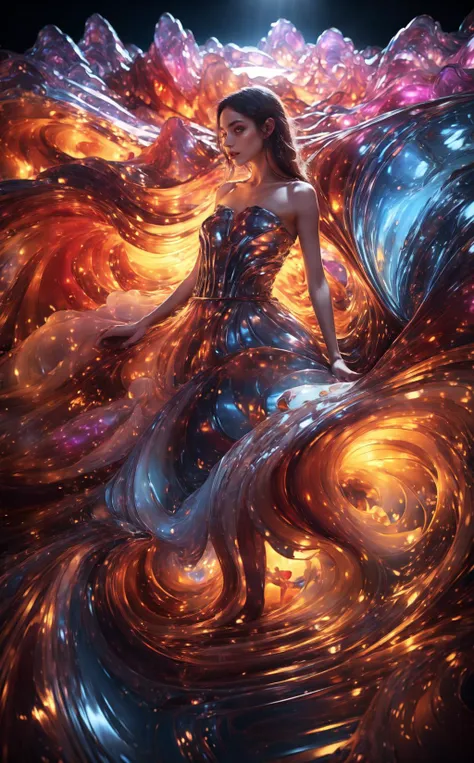 a woman in a dress is surrounded by fire and water