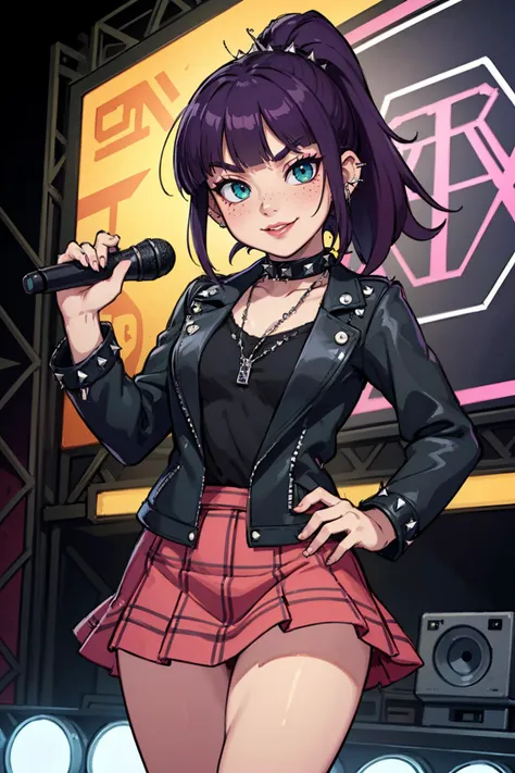 a close up of a person in a short skirt and jacket holding a microphone