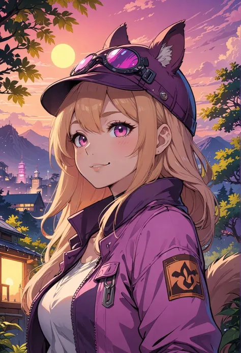 neonpunk style 80s anime artwork,adult woman, vibrant, studio anime, highly detailed,  ((art by Tetsuya Nomura)) (cel shading), line art fantasy character, squirrel scout, oak tree lookout, acorn helmet, map in paw, sunset backdrop light smile . cyberpunk,...