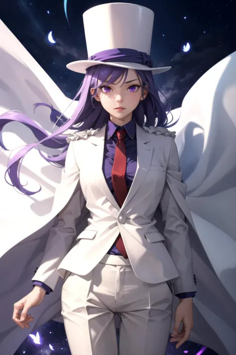 absurdres, best quality, 1girl, solo, (large breasts:0.75), <lora:attire_kaitokidsuit:0.9>, kaitosuit, formal, suit, necktie, cape, white pants, top hat, white cape, purple hair, purple eyes, long hair