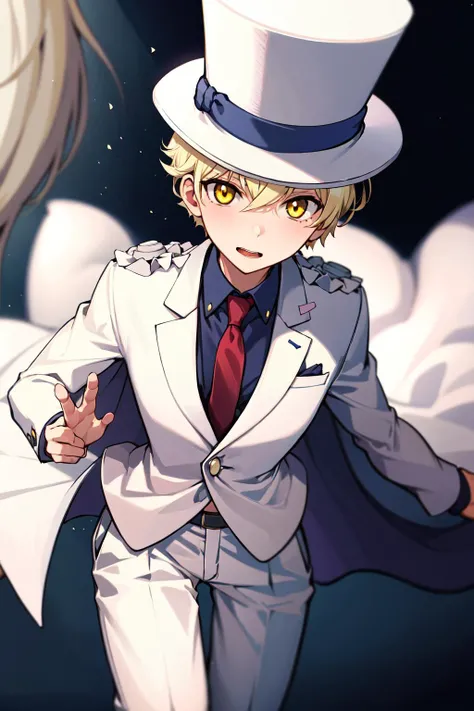 absurdres, best quality, 1girl, solo, (large breasts:0.75), <lora:attire_kaitokidsuit:0.9>, kaitosuit, formal, suit, necktie, cape, white pants, top hat, white cape, blonde hair, yellow eyes, very short hair