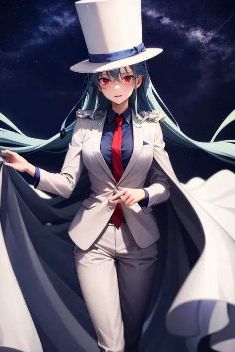 absurdres, best quality, 1girl, solo, (large breasts:0.75), <lora:attire_kaitokidsuit:0.9>, kaitosuit, formal, suit, necktie, cape, white pants, top hat, white cape, blue hair, red eyes, absurdly long hair