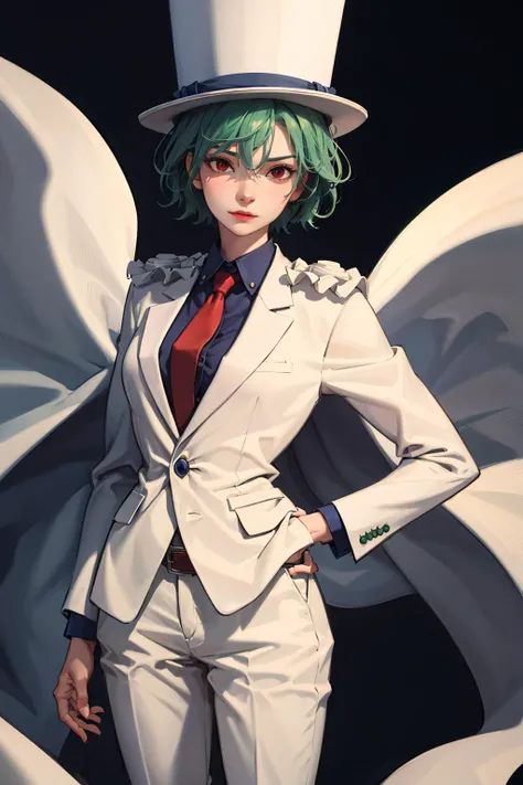 absurdres, best quality, 1girl, solo, (large breasts:0.75), <lora:attire_kaitokidsuit:0.9>, kaitosuit, formal, suit, necktie, cape, white pants, top hat, white cape, green hair, red eyes, short hair