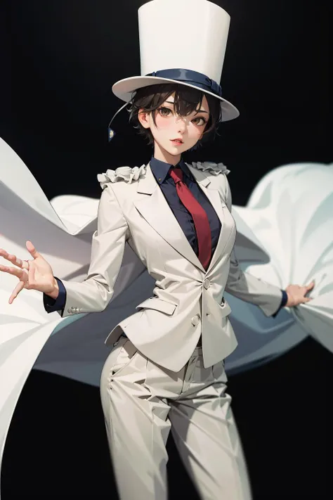 absurdres, best quality, 1girl, solo, (large breasts:0.75), <lora:attire_kaitokidsuit:0.9>, kaitosuit, formal, suit, necktie, cape, white pants, top hat, white cape, black hair, brown eyes, very short hair