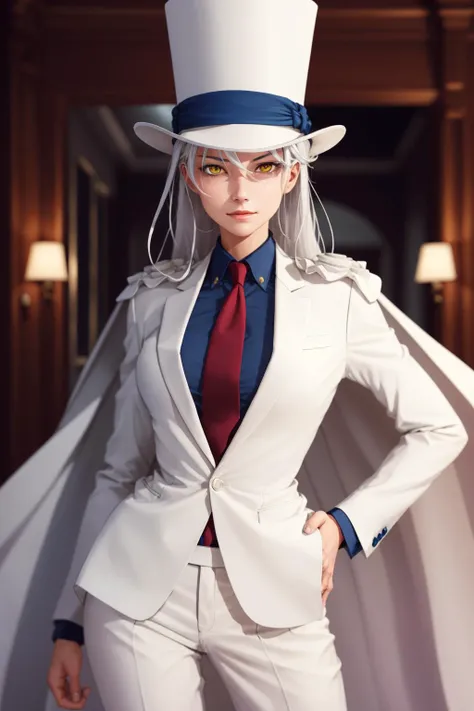 absurdres, best quality, 1girl, solo, (large breasts:0.75), <lora:attire_kaitokidsuit:0.9>, kaitosuit, formal, suit, necktie, cape, white pants, top hat, white cape, white hair, yellow eyes, long hair