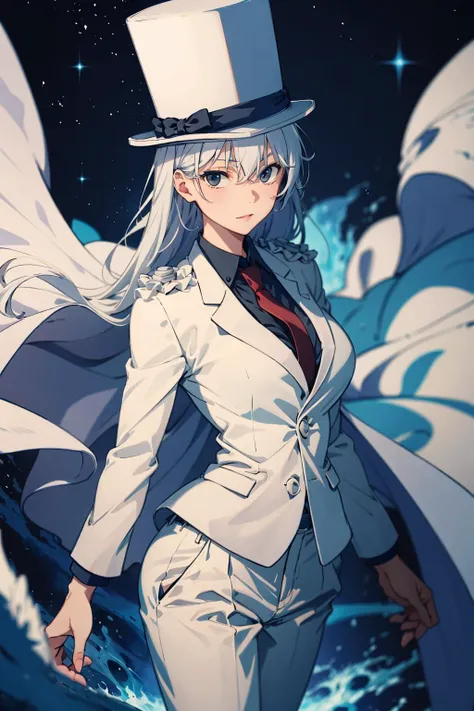 absurdres, best quality, 1girl, solo, (large breasts:0.75), <lora:attire_kaitokidsuit:0.9>, kaitosuit, formal, suit, necktie, cape, white pants, top hat, white cape, white hair, black eyes, long hair