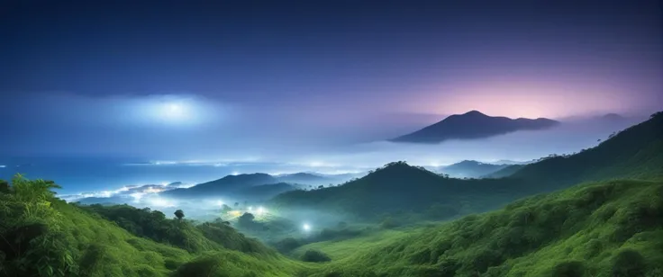 tropical island, countryside hills , slightly cloudy, clear sky, heavy mist,   evening, few stars,
((photo raw))