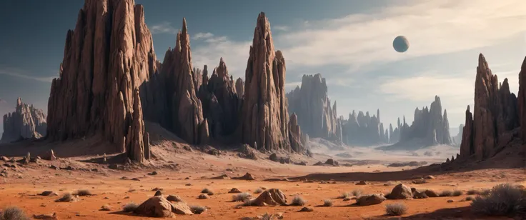 barren wasteland, towering granite spires and cliffs,       earthlike planet, in the sky,               day, 
((photo raw)),