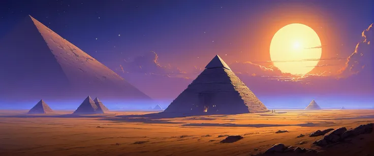 countryside plains , barren wasteland,   three pyramid,  evening, few stars,        many small clouds,
fantasy painting  , rossd...